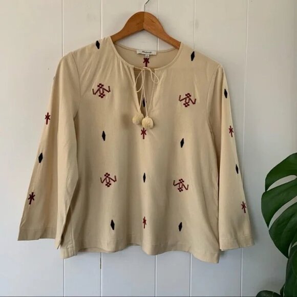 Madewell Embroidered Fringe Top Pom Pom Boho 100% Silk Cream - S - Picture 3 of 14